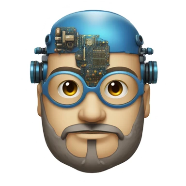 Bearded Fat bald cyborg head with tan skin, blue steampunk goggles and circuits sticker