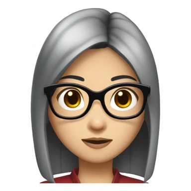 a asian girl with medium black staight hair and bayonetta glasses that us dark red sticker