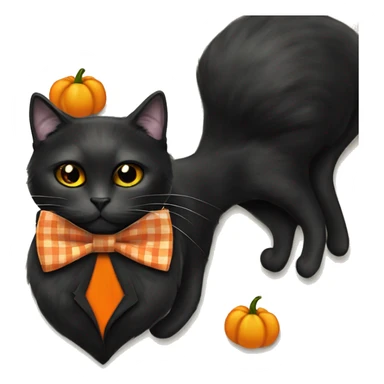 Black cat with orange eyes. Orange plaid bow tie with pumpkin charm sticker