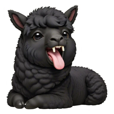 Cinematic Cute Yawning Black Alpaca Portrait Emoji, Head tilted slightly with a dramatic, wide-open yawn, showcasing a soft, plush jet-black fleece with gently drooping ears, round dark eyes barely open in drowsy contentment, Simplified yet irresistibly adorable features, highly detailed, glowing with a soft, cozy glow, high shine, relaxed yet expressive, stylized with a touch of whimsy, bright and endearing, soft glowing outline, capturing the essence of a sleepy yet affectionate alpaca, so drowsy it feels like it could stretch out of the screen and curl up for a nap! sticker