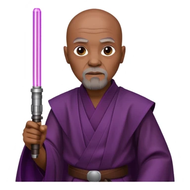 star wars master windu bald head, no facial hair, brown jedi outfit with purple lightsaber sticker