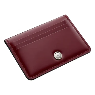 A professional studio photograph of a high-quality, slim leather card holder. The card holder is in [deep Burgundy color with a high-gloss patent enamel finish, reflecting light like a jewel .It features precise stitching and minimalist, elegant metal hardware sticker