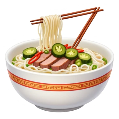 Guilin rice noodles with pickles and meat topping, simplified emoji style with bold outlines and bright colors, cartoon style rice noodle bowl sticker