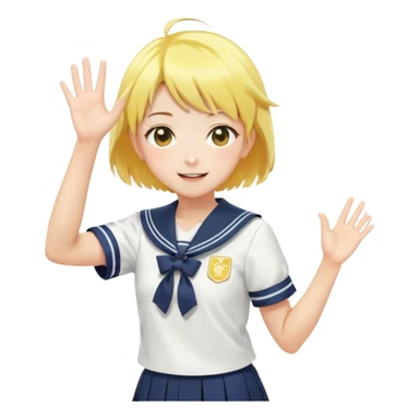 Anime girl with short bright yellow hair wearing Japanese sailor style school uniform, composed posture with hand on hip but energetically waving with other hand, excited smile and happy eyes sticker