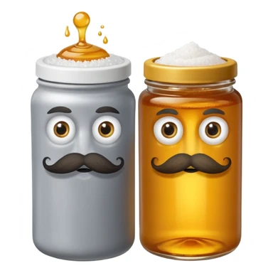 Garama and Madundung are together a gray container of salt and a honey container with a cloth on top. They each have eyes with white in the middle, a mouth, nose, and mustache both customary to their colors. They have hairy legs and emit an aura of salt (Garama), and honey (Madundung). sticker