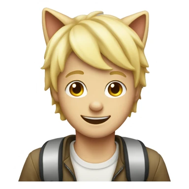 smiling blonde boy indoors wearing a cat hat sticker