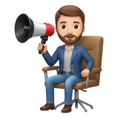 film director emoji with a modern megaphone and director's chair, brown hair and short beard, jeans and a undershirt with blazer top.  sticker