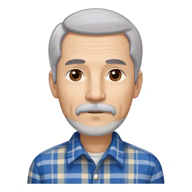 Thin older Hispanic man with light complexion. Elongated slim face with wise expression. Relaxed brown eyes. Long straight fine gray-white hair that covers the ears with soft fringe in front. White mustache connected to chin beard. Lean physique. Wearing a beige and blue plaid long-sleeved shirt. sticker