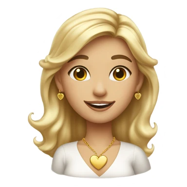 Smiling girl indoors with blonde highlights, gold earrings and a gold heart necklace wearing a v neck blouse blowing a kiss sticker