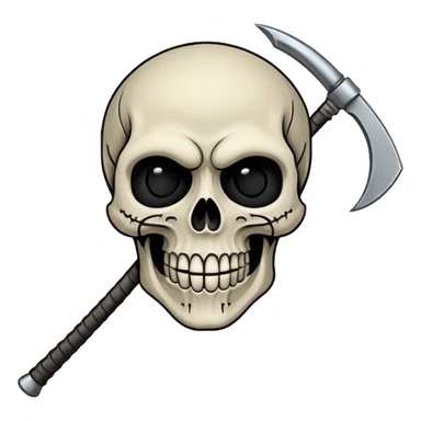 A laughing skull with a scythe crossed behind it, one eye socket winking. Clean, stylized lines, flat vector. Medieval woodcut style. Black and white with one accent color (tarnished silver). No background. sticker