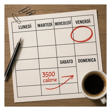 Hyperrealistic top-down view of a weekly calendar in Italian, showing days from Monday to Sunday. Friday is circled in red. Below both Saturday and Sunday, the text '3500 calorie' is connected by a red arrow linking both days. The scene has 4K details and a desk atmosphere. sticker