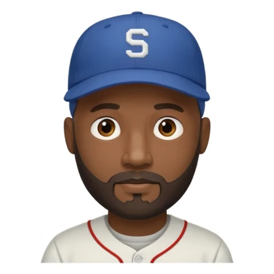 Man with bald head and beard and slightly dark skin wearing a baseball cap sticker