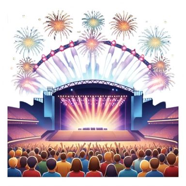 An icon showing a stadium stage with a concert in full swing, bright stage lights illuminating the performers, and fireworks bursting in the sky. The excitement of the crowd is palpable, symbolizing a love for live music and unforgettable shows. transparent background. sticker