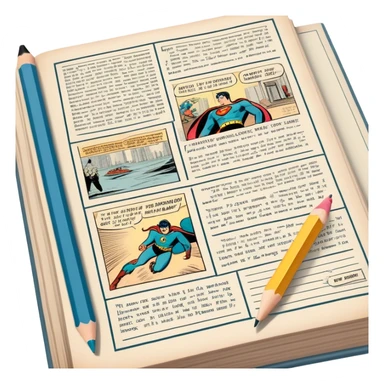 Create a detailed emoji representing the process of writing texts for comic books. The design should feature a large, open comic book with vintage comic strips visible on its pages. A pencil should be shown writing text on one of the comic panels, but without a hand. The pencil should appear as though it is actively creating the dialogue or narration. Use a classic color palette with muted tones for the comic book and brighter accents on the pencil to draw attention to the writing process. Do not include any emojis or smiley faces. Make the background transparent. sticker