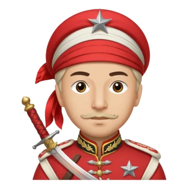 Ottoman janissary in red army dress holding a sword had a white cap sticker