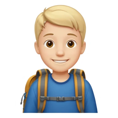 smiling boy outdoors with backpack sticker