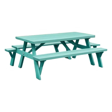 simple rectangular picnic table with attached benches, soft teal color, white end caps on table and benches, all legs straight, small wheels underneath, flat wood-style silhouette, muted teal tone, clean geometry, minimal shading sticker