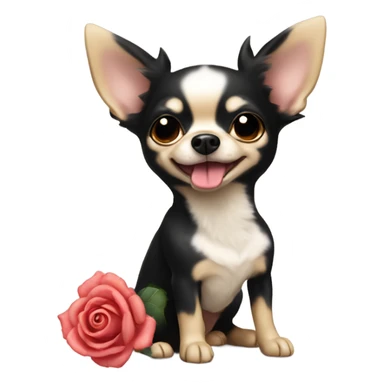 Cute fluffy Black and beige cartoon chihuahua holding a rose in mouth sticker