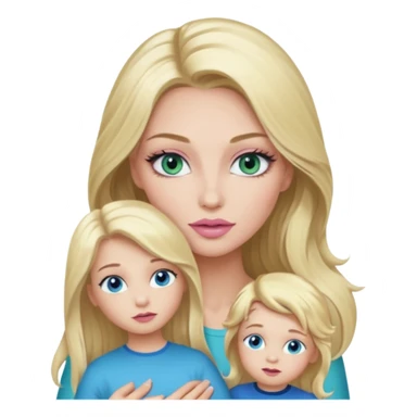 Blonde baddie with long hair Pretty makeup long lashes blue-green eyes ,   light pink lips ,holding little Boy, with blue eyes sticker