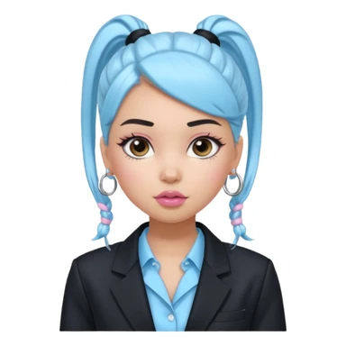 generate a pretty bratz girl wearing a light blue full sleeve shirt. silver small hoops, pink lipgloss, black blazer. black hair tied up in a ponytail sticker