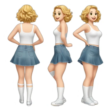realistic full body caucasian curvy beauty jumping short transparent skirt back and front views strong wind white knickers long white socks sticker