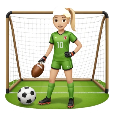 Make a dirty blonde football goalkeeper with goalkeeper gloves on holding a football. The girl is light skinned and wearing a football kit and football shoes. Standing in front of football goal. Wearing a ponytail with the dirty blonde hair. Without a American football ball sticker