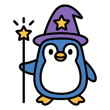 Create a color outline icon style image of a penguin wizard with eyes open, keeping the transparent background as in the original image. sticker