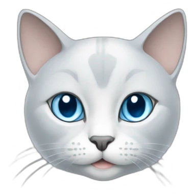 A blue-eyed light gray cat with a macbook computer sticker