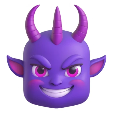 A mischievous purple devil emoji with a sly, confident smile and raised eyebrows, glowing purple horns, smooth gradient shading, minimalistic and glossy 3D cartoon style sticker