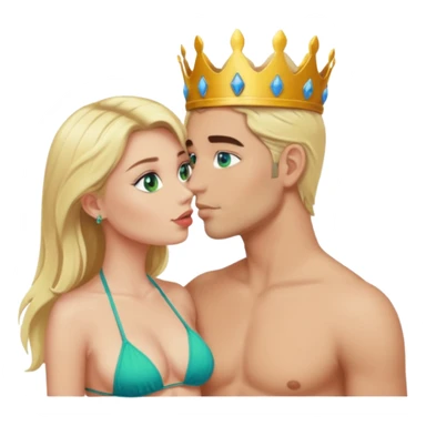 Blonde Queen Green eyes with crown in Bikini kissing Male subject without crown dark Hair blue eyes sticker