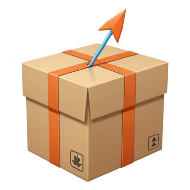 Minimal line-art icon of a shipping box with an arrow going up or a price tag, simple modern style, clean outlines, slightly 3D, no background, transparent, represents “reselling / e-commerce / flipping items” sticker