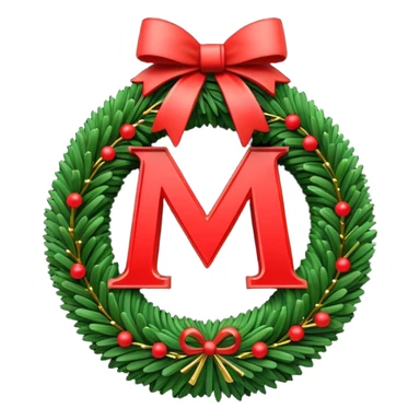 3D emoii of the iconic Moscow Metro "M" logo, reimagined as a Christmas wreath. Made of green pine needles, decorated with small red ornaments and glowing golden LED sticker