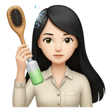A white woman with long, straight black hair, wearing an ivory-colored shirt, holding a small square wooden paddle hairbrush in her left hand and spraying a hair mist bottle with her right hand toward her hair. sticker