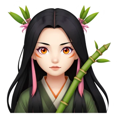 Nezuko with long black hair with orange tips, pink eyes, bamboo muzzle in mouth sticker