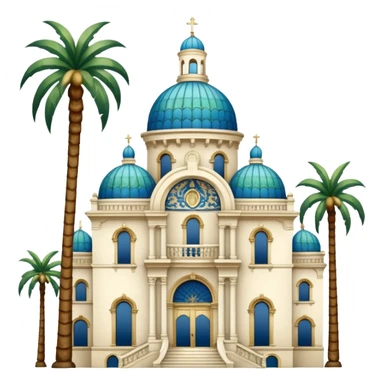 California Building with ornate blue, gold, and green tile dome and adjoining slender California Tower, ornate tiers with arched openings, balustrades, decorative baroque stonework, Spanish Colonial Revival style, palm trees, simple sticker
