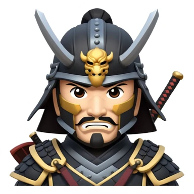 clash-of-clans-aesthetic_-cinematic-fearsome-and-majestic-samurai-bust-portrait-emoji, rendered in a flat, vector-style with minimal shading and bold, simplified shapes typical of emoji art, depicting a battle-hardened samurai with black mask and traditional black Japanese armor. The samurai is riding a noble grey warhorse adorned with an intricately designed saddle and fluttering banners and a rising sun. a samurai on a   horse sticker