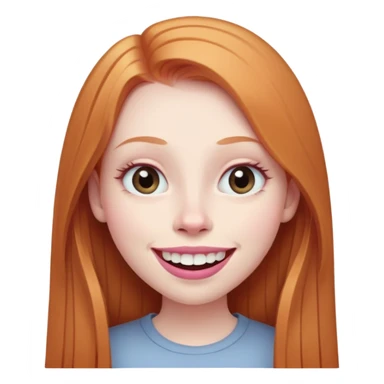 traditional emoji of young girl with very pale skin, long straight muted ginger hair, elongated oval face, bigger human-like eyes positioned close together, wide nose, full pink lips with a big smile showing extremely large and prominent teeth, less intense expression sticker