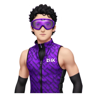 male athlete with white skin and moderately curly black hair on top with shaved sides, wearing ski goggles with purple frames and very dark black lenses, a simple plain black chain necklace, and a completely unzipped sleeveless vest with purple and black sequin fire pattern design with no logo or brand emblem, fully revealing his chest, shoulders and arms, no earrings sticker