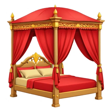 bed with red and gold sheets, wooden, canopy, simple, dark sticker