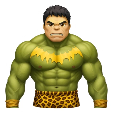 a Hulk wearing ancient animal skin cloth, half body, icon, yellow skin sticker