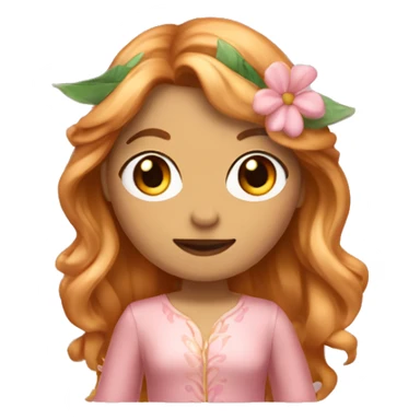 Full body Fairy white woman emoji with long wavy copper hair and blonde highlights, also with curtain bangs, brown/honey eyes, with a pink outfit inspired in flower leaves sticker