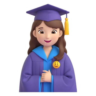 girl with long brown hair in graduation clothes with hat and robe smiling, emoji style sticker