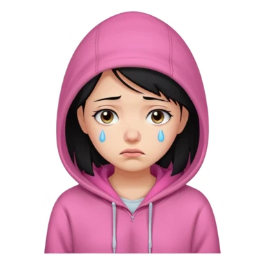 a portrait of sad girl, black hair, wear pink hoodie  sticker