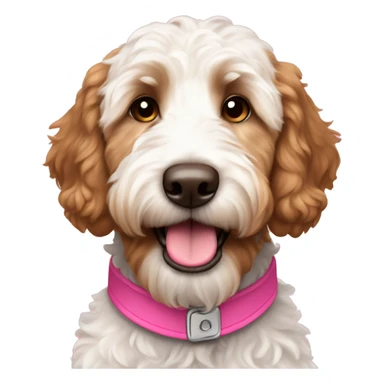 Brown and White golden doodle with a pink collar sticker
