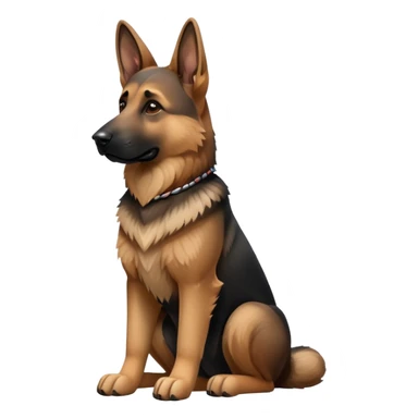 cinematic-[german shepherd]-realistic-full-body-sitting-emoji,-tail-resting-loosely-beside-its-paws,-head-tilted-dramatically,-sleek-[brown and black]-fur,-simplified-yet-realistic-focused-features,-highly-detailed,-glowing-with-an-almost-sarcastic-glow sticker