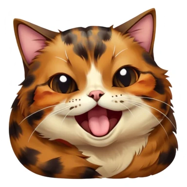 Cinematic Cute Yawning Tortoiseshell Cat Portrait Emoji, Head slightly tilted with a wide, adorable yawn and half-closed, dreamy eyes, featuring a warm, mottled fur of rich browns and blacks, simplified yet irresistibly cute, highly detailed, glowing with a soft, slumbering radiance, high shine, exuding a relaxed, drowsy charm, styled with a gentle, soft glowing outline, capturing the essence of a tortoiseshell cat in a precious moment of sleepy delight! sticker