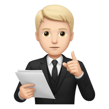 A white man in a black suit stands with a serious face and points at his hand holding papers. sticker