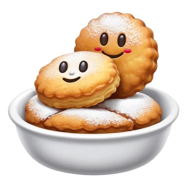 Buñuelo Cinematic Realistic Buñuelo Dessert Emoji, depicted as perfectly round, fluffy fritters served in a small bowl with a dusting of powdered sugar, rendered with vibrant textures and warm, inviting lighting. sticker