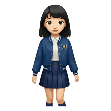 hair : black long hair with fringe 
skin : light 
outer : deep brown varsity jacket (oversize) 
skirt : navy long long school girl skirt (under knee)  
motion : walking alone 


 sticker