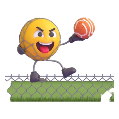 nasty-looking face emoji performing a high ball kick, with a damaged wire mesh fence in the background, energetic and expressive sticker